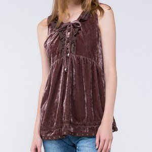 POL Brown Velvet Lace Up Sleeveless Tunic Top NEW